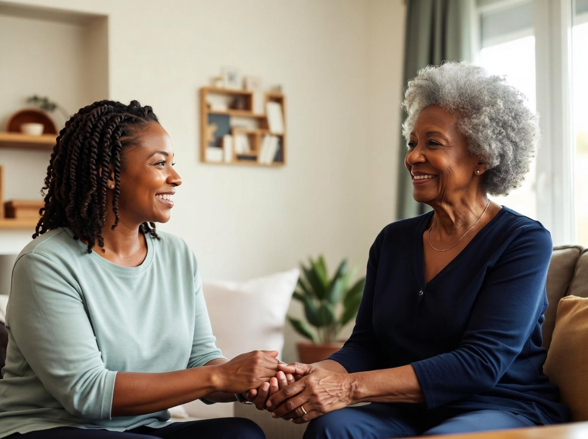 Adult daughter warmly holding hands with her smiling older mother in a sunlit living room